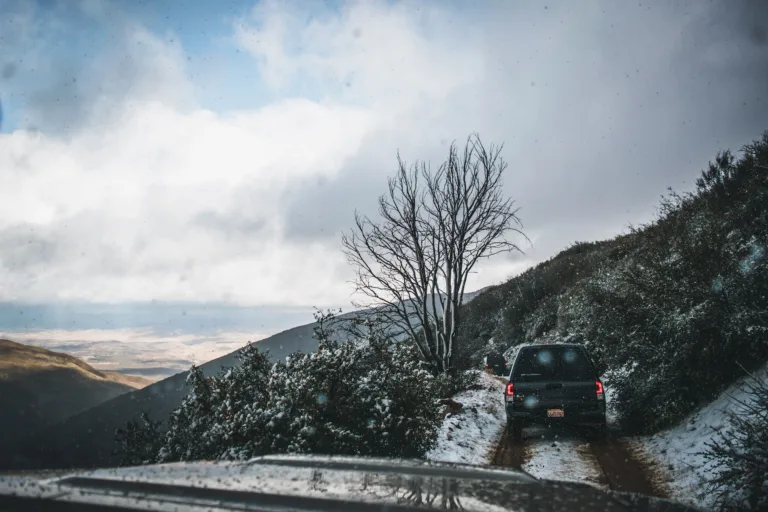 Winter Overlanding: off-road vehicles on a trail in the winter